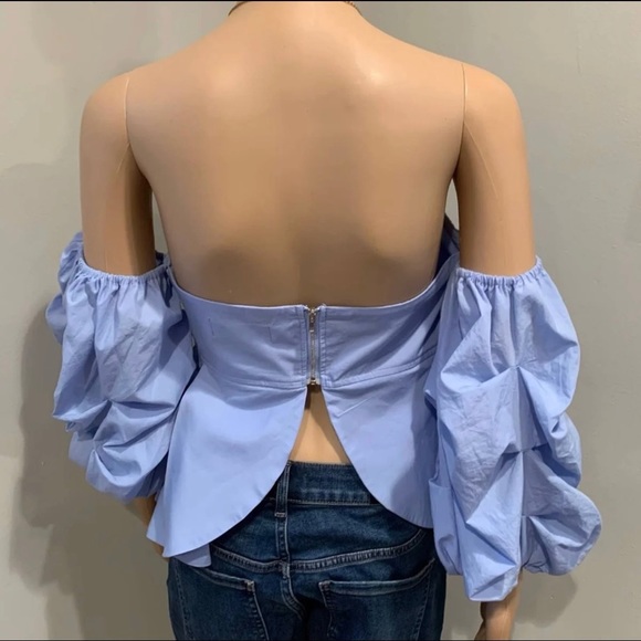 WHITE EYELASH Blue Off The Shoulder Puff Sleeve Top Size M Excellent Condition - Picture 7 of 11